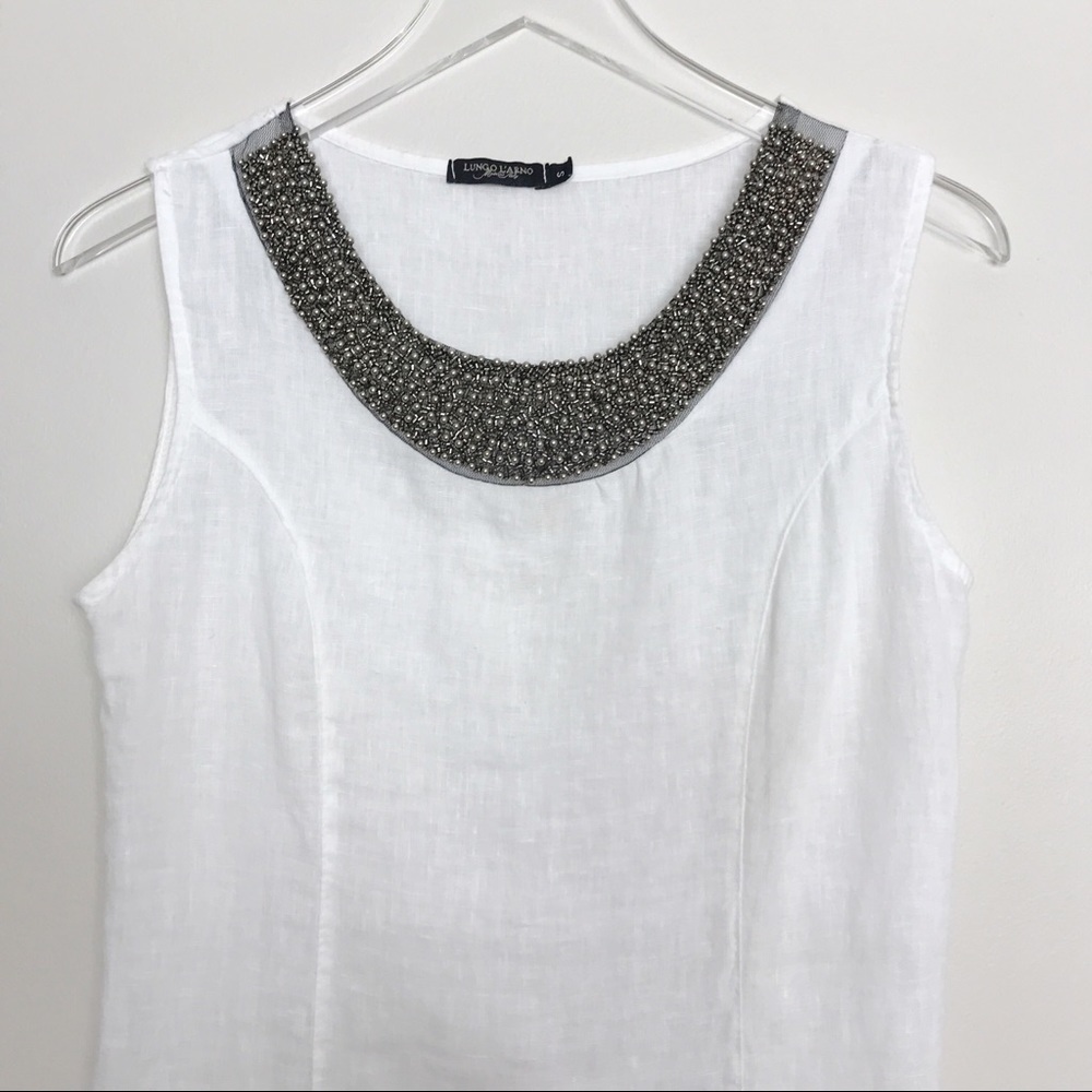 Lungo L’arno White Linen Tank Beaded Neckline Sz S - Picture 3 of 8